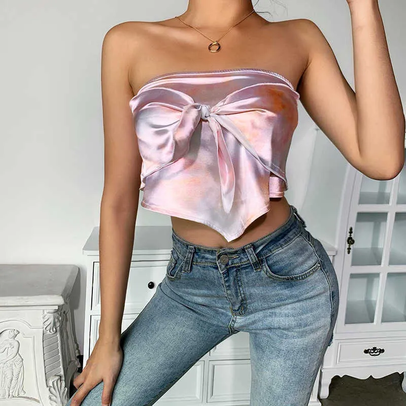 QuanRun Sexy Mode Femmes Solide Sans Manches Sans Bretelles Soutien-Gorge Bowknot Crop Top Casual Slim Streetwear Printemps Été 210604