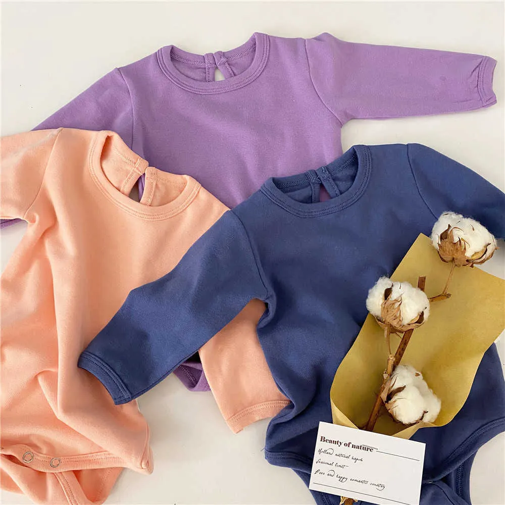 Baby boys girls solid color pure cotton long sleeve coveralls 0-2 years infant kids all-match bodysuits 210708