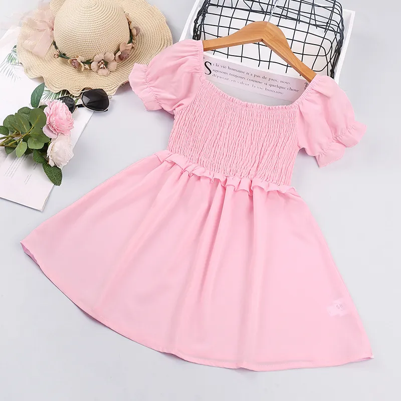 Pure Color Party Girls Dress Children's Clothing Summer Short-sleeve Lace Pink Princess 210515