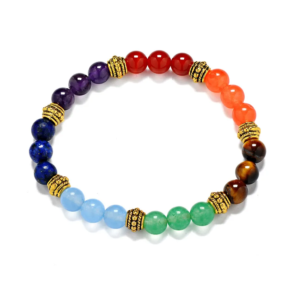 8mm Beads Stone Agate Tiger Stone Seven Pulse Wheel Bracelet Yoga Chakra Amethyst Energy Stone Bracelet Jewelry