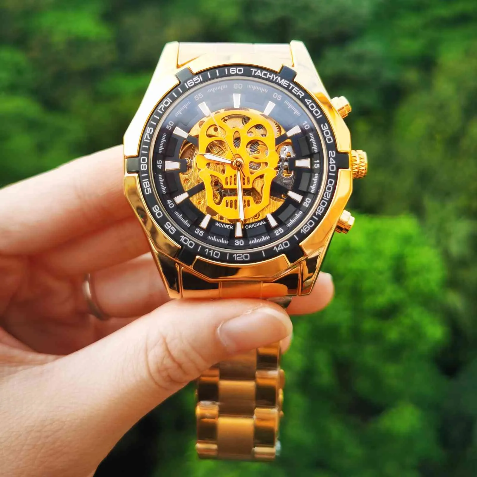 Vencedor Oficial automático Gold Gold Watch Men Steel Strap Skeleton Skull Skulles Top Brand Luxury Drop Whole 210279C