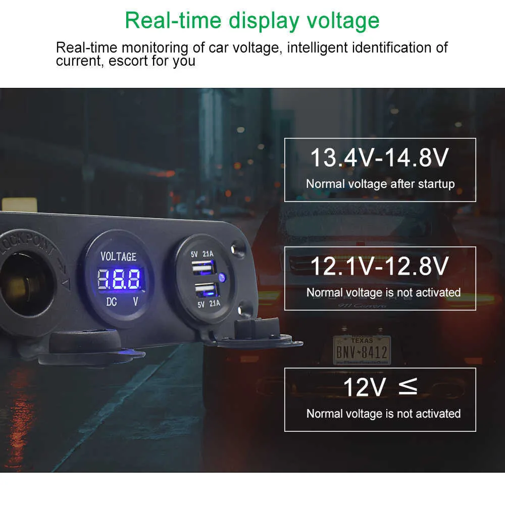 4 in 1車のタバコライターデジタル電圧計デュアルUSB電源充電器12Vソケットダストプルーフロッカースイッチ209W付き防水