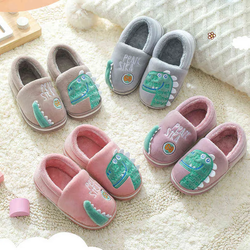 Non-slip Children Home Slippers Baby Warm Cotton Indoor Shoes Winter Cartoon Dinosaur Kids Boys Girls Flops Soft 220208