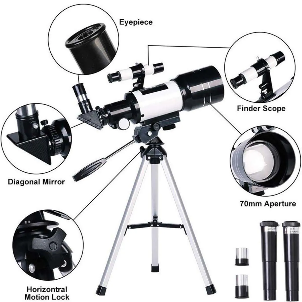 Télescope astronomique monoculaire professionnel, 70mm 300mm, lunette de repérage de voyage en plein air avec trépied, cadeau pour enfants débutants