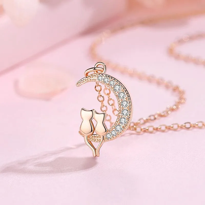 Pendant Necklaces Cute Animal Cat Moon Necklace Charm Lovers Chain Kitten Lucky Jewelry For Women Gift2175