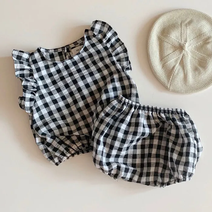 Summer Plaid Short Sleeve Suit Fly Shirt Lantern Shorts Baby Girl Clothes 210515