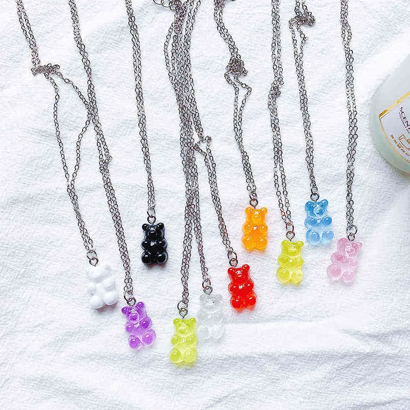 10 färger Söt harts Gummy Bear Chain Halsband Candy Color Hängsmycke för kvinnor Girl's Charm Daglig handgjorda smycken Festpresenter G1206