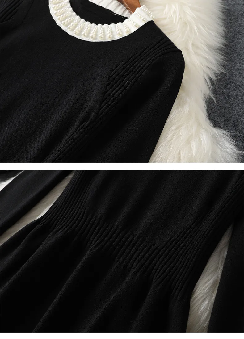 Robe tricotée à manches longues, col rond, couleur unie, noire, perlée, longueur aux genoux, robes élégantes décontractées, printemps 2022, 21S138B434
