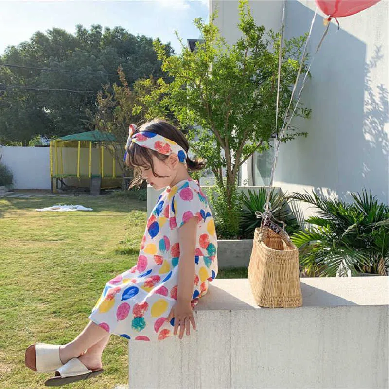 Mädchen Sommerkleid Bunte Ballon Gedruckt Kurzarm Prinzessin Kleid + Stirnband Mode Baby Kinder Kinder Kleidung 2-7Y 210625