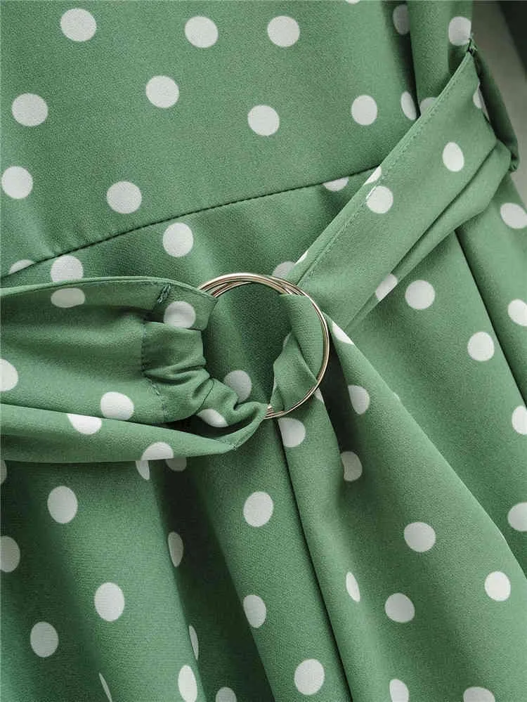 Vintage à pois robe chemise femmes automne hiver élégant avec ceinture vert décontracté dames court 210427