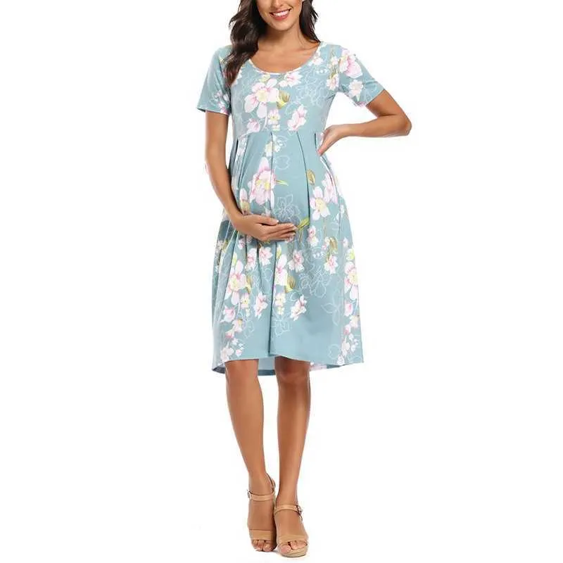 Women's Floral Short Sleeve Loose Maternity Dresses Pregnancy Clothes Summer Casual Soft Waist Pleated Print Knee Length Dress 210721