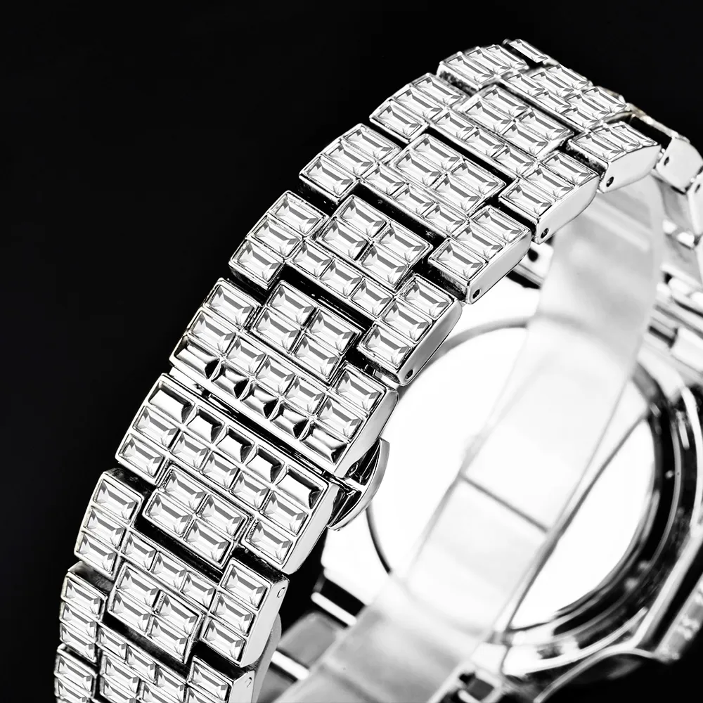 Totalmente baguette diamante relógio masculino estilo hip hop relógios masculinos topo aaa quartzo masculino relógio de pulso homem jóias271e