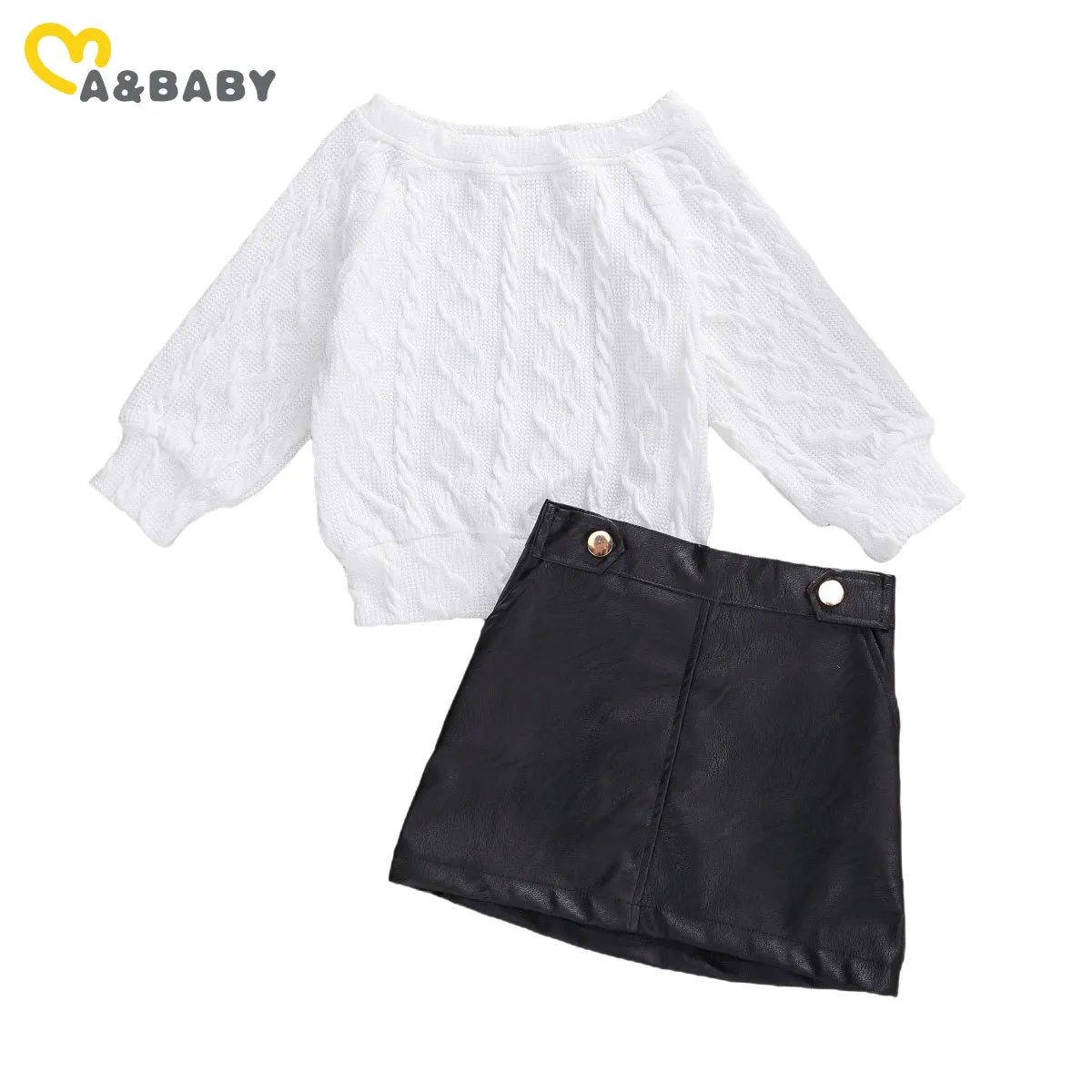 2-7y maluch dzieciak Dziewczyny Ubrania Zestaw Białe swetry Topy Czarne PU Skórzane Spódnice Stroje Jesień Zimowe Zestawy Dziecięce 210515
