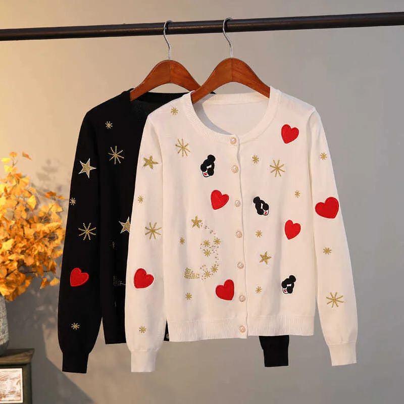 Suéter feminino cardigã estrelas gola redonda jaqueta doce com redução de idade temperamento suéter de malha