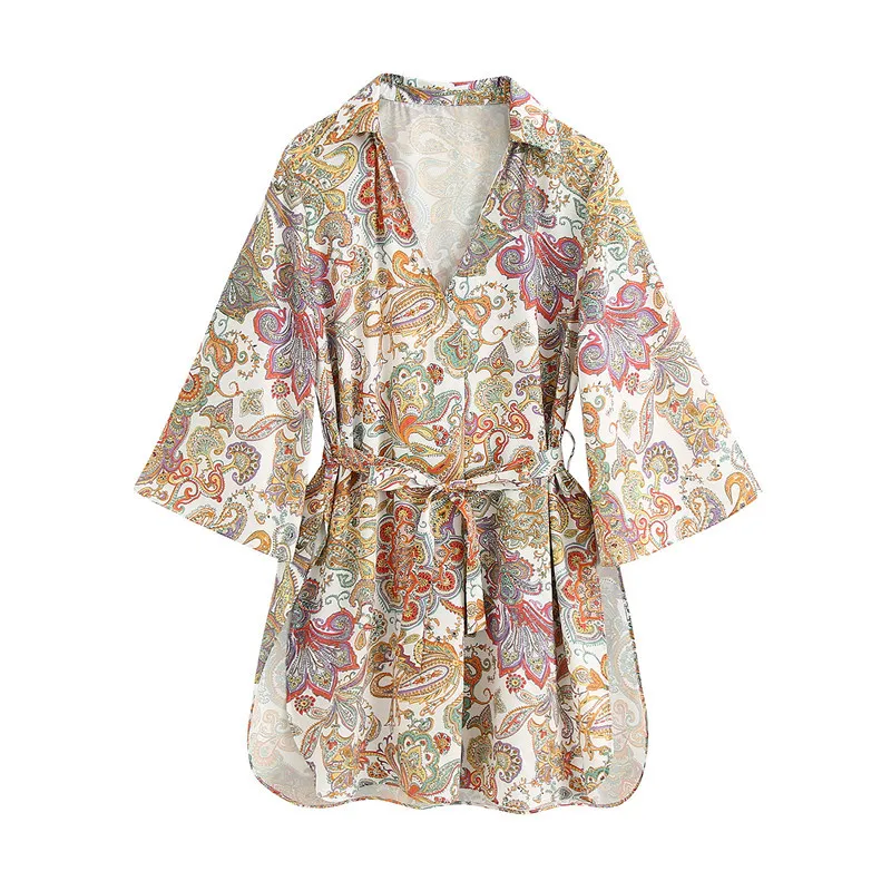 Kvinnor Chic Sashes Design Print Mini Dress Fashion Tre Kvartär Ärme Sidor Split Kvinna Es Kimono Vestidos 210430