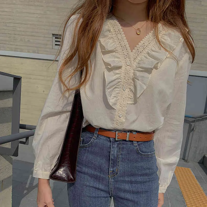 Mulheres blusa de manga longa pulôver tops primavera outono moda feminino casual sólido n-pescoço solto camisas vintage ruffles bloua 210423