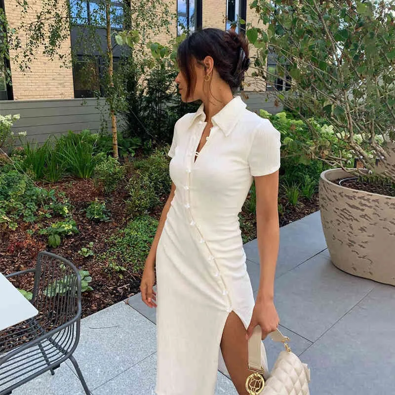 夏のスリットのセクシーなドレス女性のミディドレスの半袖ボタンダウンパッチワークドレス白いドレスエレガントパーティーウェア210422