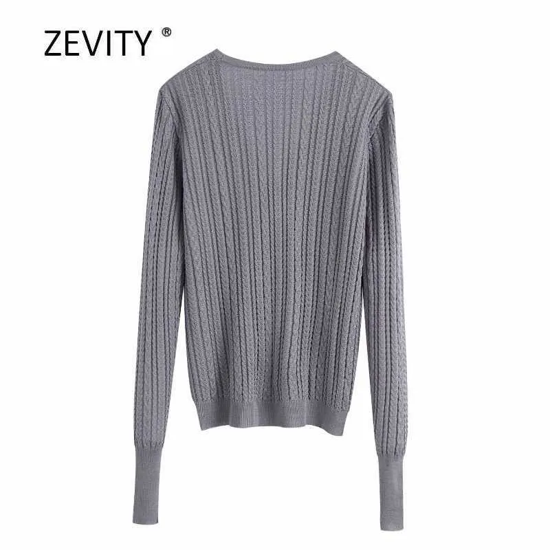Zevity Women Fashion V Neck z długim rękawem Dzianie Casual Slim Sweter Kobiet Diament Przyciski Cienkie Swetry Chic Topy S300 210603