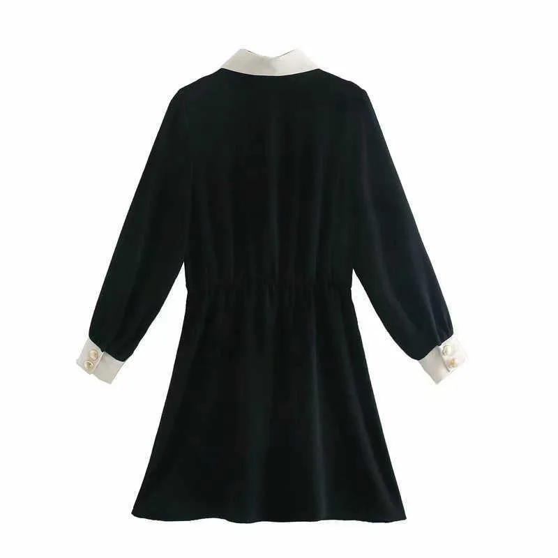 Za combinaison Mini robe femmes manches longues ballon noir robes de bureau femme taille élastique avant métal bouton Vestidos 210602