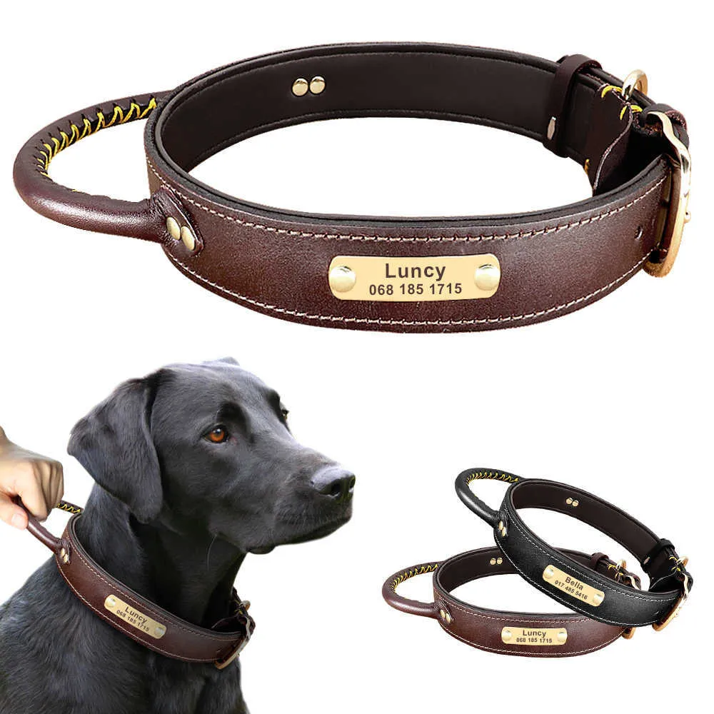 Soft Custom Leather Dog Collar Spersonalizowany Pet Id Tag Collar z uchwytem Grawerowany tabliczkę znamionową do średnich dużych psów regulowanych 211006
