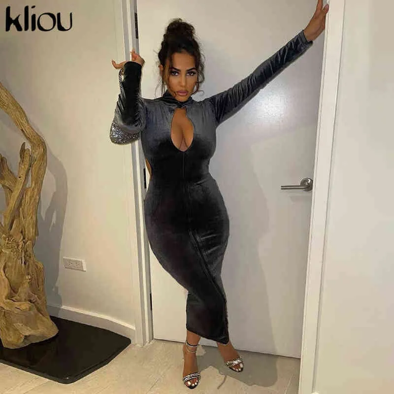 Kliou solide velours côtelé Maxi Robe femmes Robe classique Sexy évider jupe à glissière à manches longues col roulé femme vestido de mujer Y1204