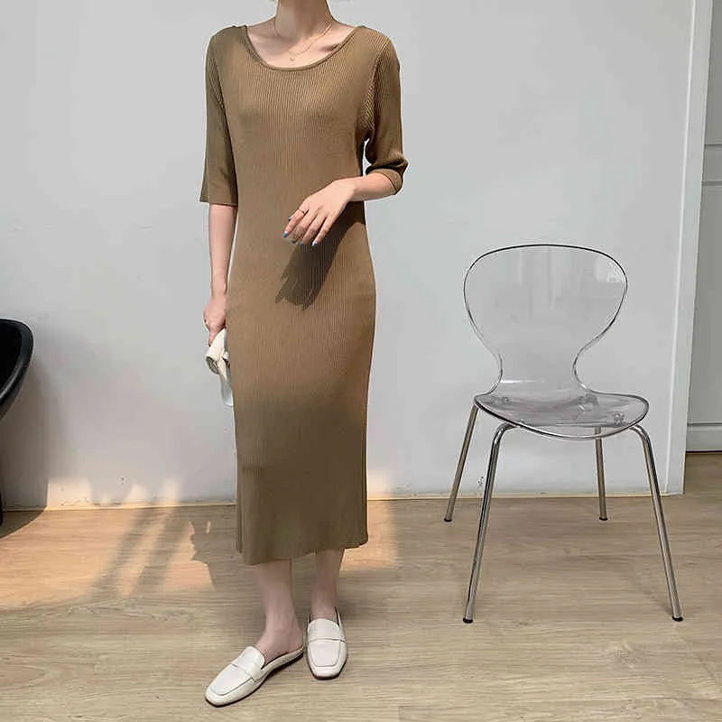 Темперамент длинный ледяной шелковый вязаное платье для похудения открытый жилет машина дикая летняя корейская мода женская одежда 210520