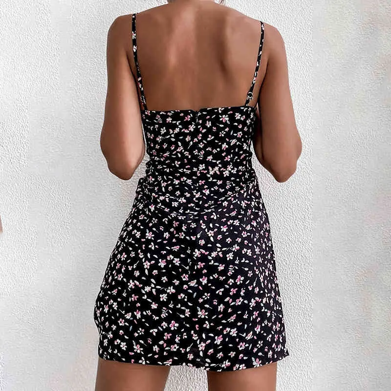 Mini robe à volants floraux d'été pour femmes sexy jarretelles courtes robe sans manches licol floral a-ligne robe imprimée vestidos 210514