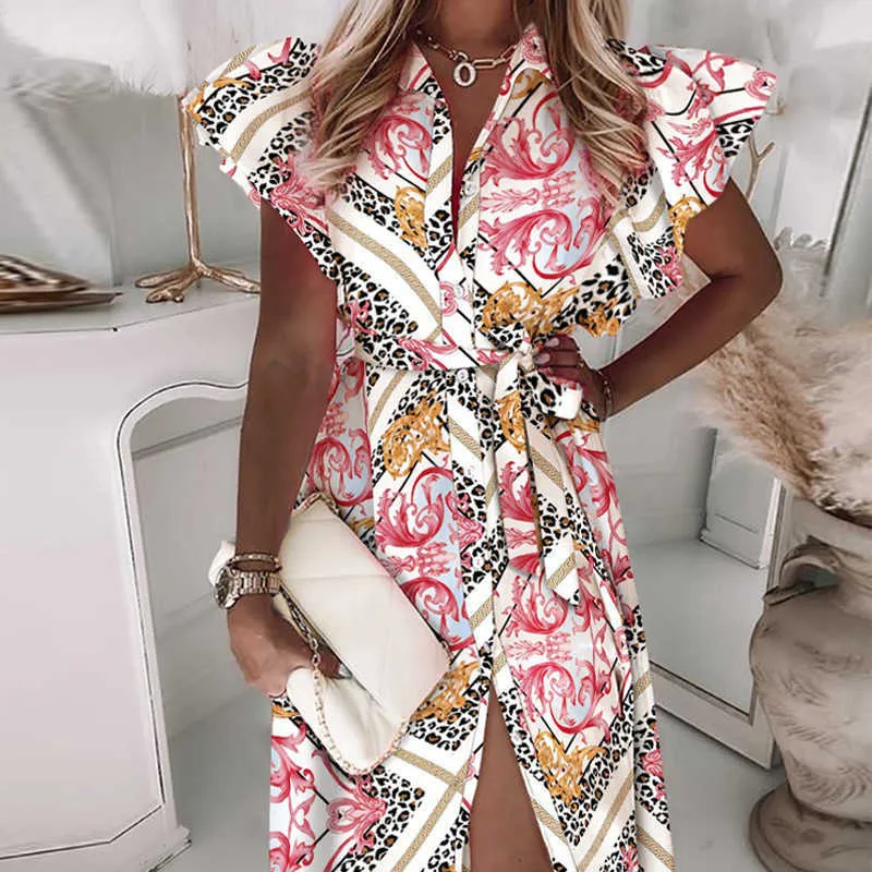 2021 sommer Frauen Hemd Spitze-Up Gürtel Kleid Vintage Muster Drucken A-Line Midi Kleider Sexy V-ausschnitt Taste Kurzarm party Kleid Y1006