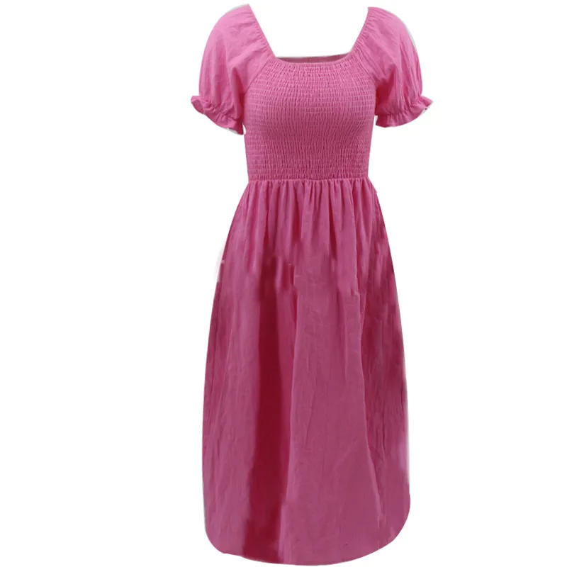 Elegant strand delad klänning för kvinna retro fast puffhylsa midja midlängd klänning sommar v-nack midi lång boho klänning 210514
