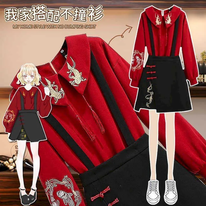 Vestiti taglie forti da donna primavera autunno Gonna con cinturino vestito retrò stile cinese ricamo rosso festivo abito in due pezzi Harajuku set 210526