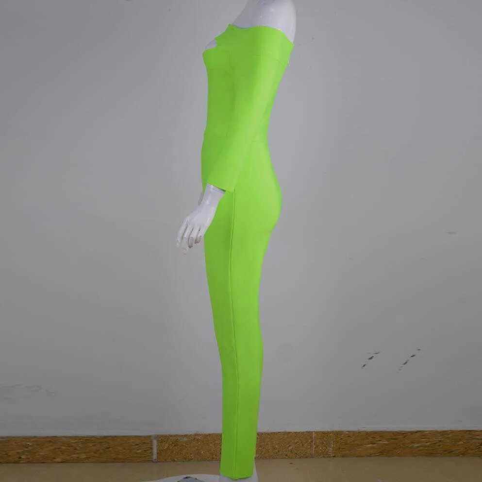 Femmes Sexy Off the Shoulder Designer Neon GreenBandage Jumpsuit Bodycon High Street Celebrity Party Barboteuses 210527