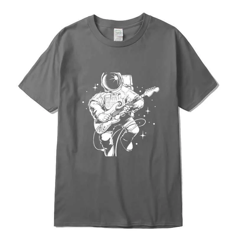 Xin Yi Heren Casual Hoge Kwaliteit 100% Katoen Korte Mouw T-shirt Grappige Astronaut Spelen Gitaar Print Mentenhirt O-hals T-shirt Mannen X0621