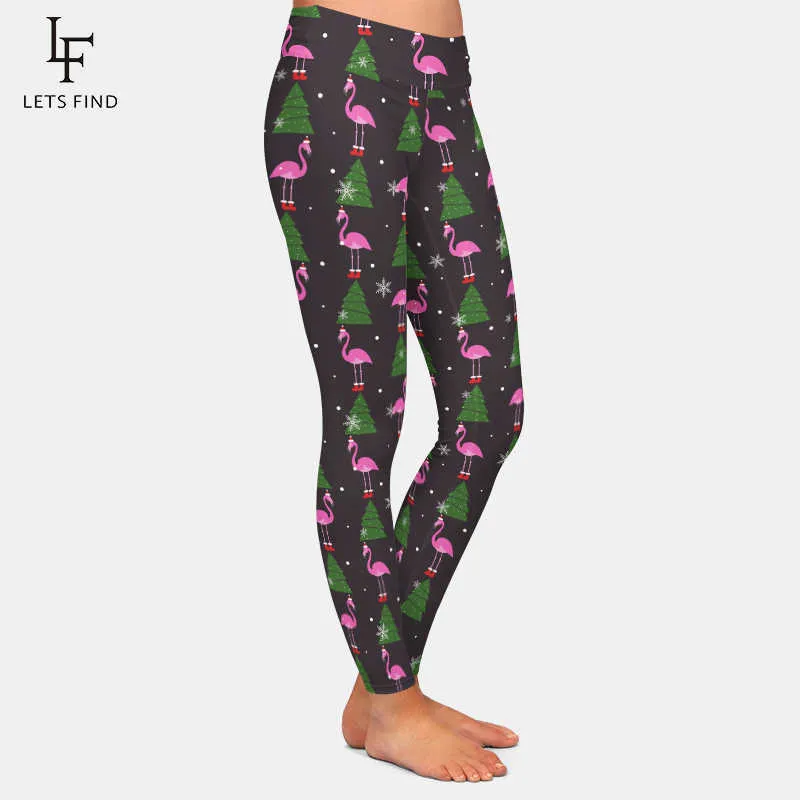 Letsfin Mode Année de Noël Flamingo avec présent et Santa Hat Imprimer Plus Taille Pantalon Taille Haute Fitness Femmes Leggings 211204