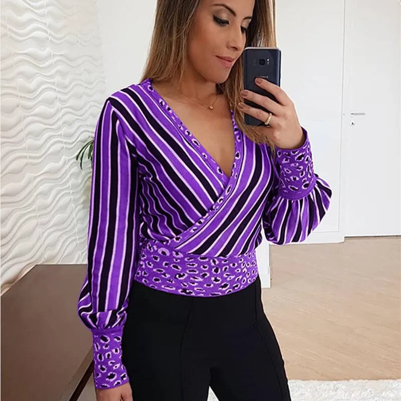 Womens Tops and Blouses Plus Size Chiffon Blouse Fashion Elegant Babygirl Boyfriend Long Sleeve Sexy V-neck Striped 210514