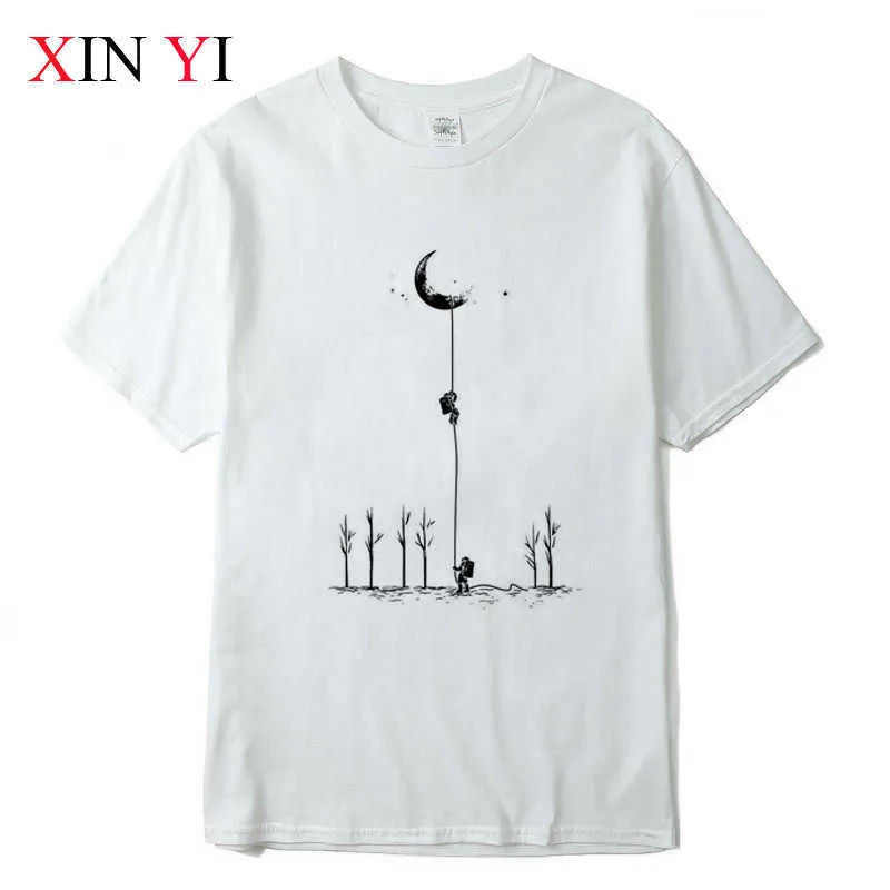 Xinyi Męska koszulka Najwyższa jakość 100% bawełna Cool Funny Astronaut Print Casual Loose Men T Shirt O-Neck T-shirt Men Tee Shirts X0621