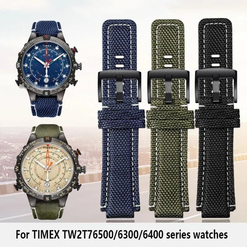 Titta på band för TW2T76500 6300 6400 Series Watchband 24 16mm Blue Black Nylon med äkta läderbotten Sports bandskruvar295G