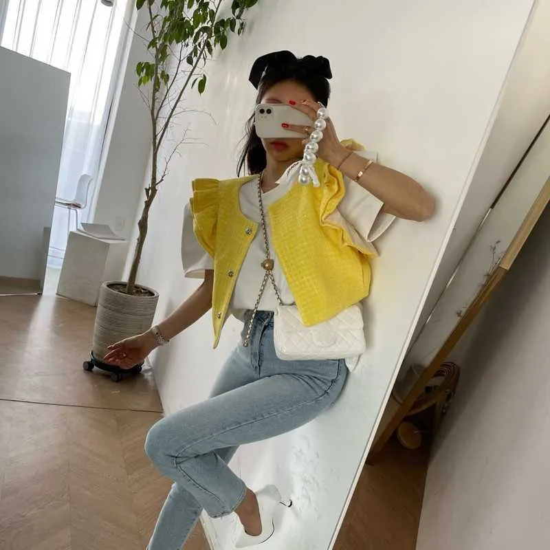 Coreano Chique moda retro amarelo o pescoço voar manga veste mulheres casaco de lã temperamento sem mangas casaco branco tops roupas 210610