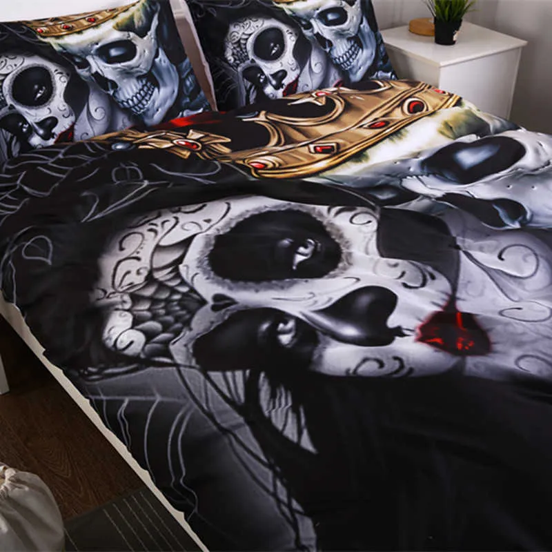 Fanaijia Sugar Skull Setding Sets King Beauty Kiss Duvet Cover Zestaw łóżka Czarne druk czarne łóżka łóżka Królowa Rozmiar Zapasy 210615320S