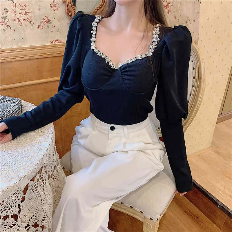 Ezgaga stile francese donna top sexy chic colletto quadrato moda primavera manica lunga a sbuffo camicie eleganti donna top casual 210430