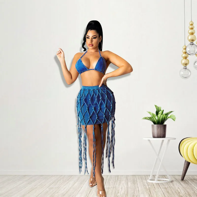Modisches zweiteiliges Sommerkleid, handgewebtes Seil, sexy einfarbiger Jeansrock