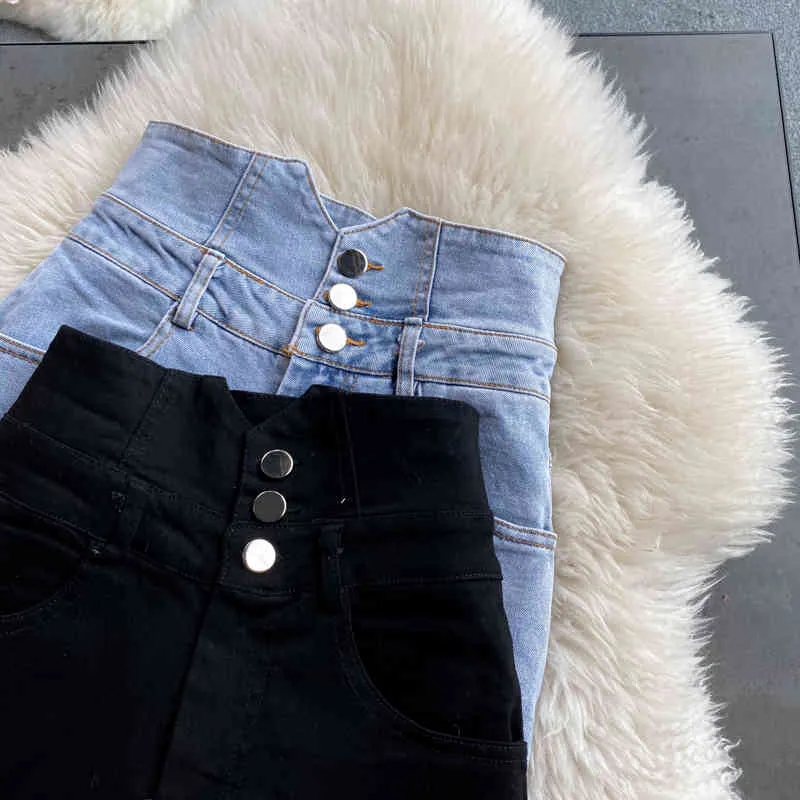 Sexy alta cintura jeans shorts mulheres slim botão voar magro jeans mulher streetwear oco out preto calças 210525