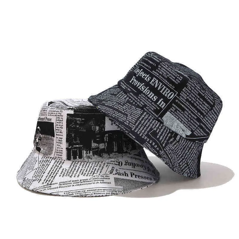 Ins New Spring Summer Fashion Black White Letter Newspaper Pattern Men Cotton Bucket Hats Woman Lady Fisherman Caps ZZ-475 G220311