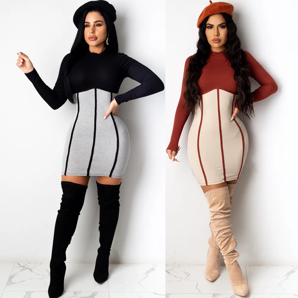 Contrast Patchwork Elegant Fashion Long Sleeve Bodycon Mini Dresses Woman Party Night Club Top Tunic Wholesale Product 210525