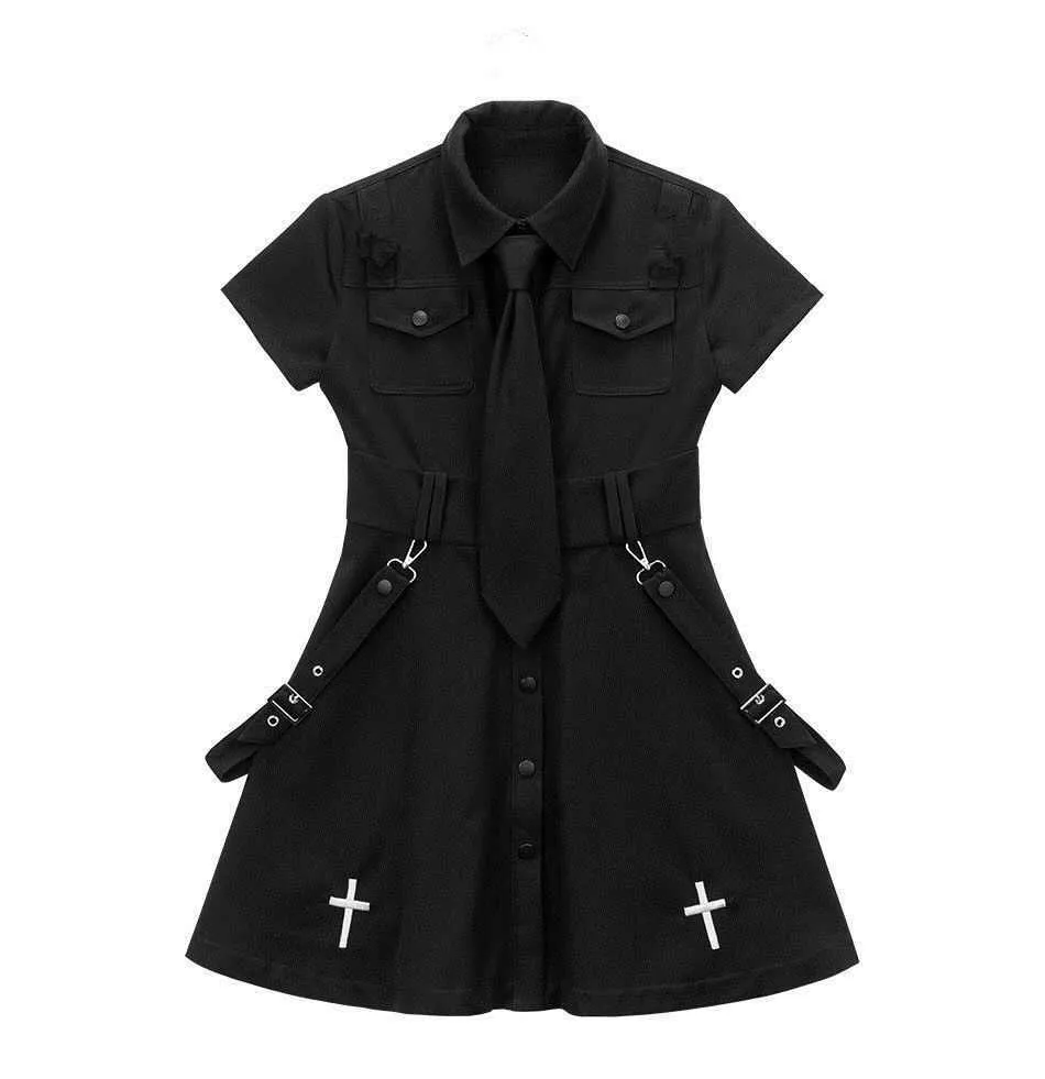 QWEEK Goth Dress Punk IC Harajuku Summer Black Mini Shirt Femmes Manches courtes Emo Vêtements Mall Dark Academia 210623