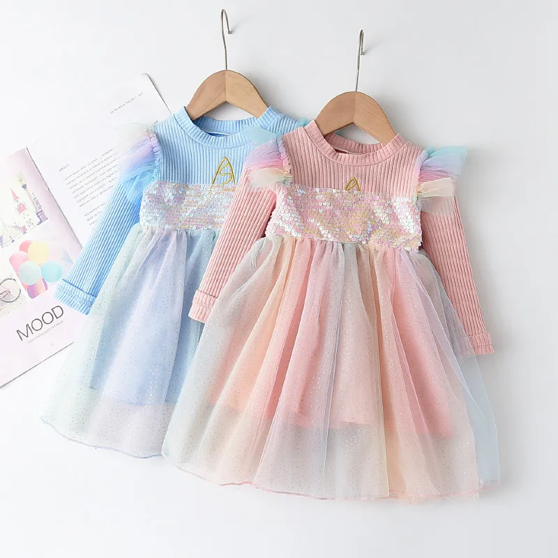 Meisjes prinses jurk lente lange mouwen regenboog mesh stiksels verjaardagsfeestje kinderen 2-6Y 210515