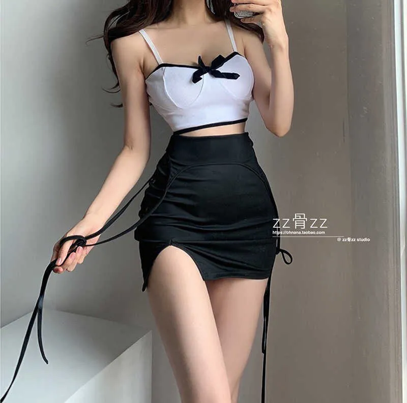 WOMENGAGA White Sexy Bow Asian Girl Female Cute Loli With Chest Pad Tank Summer Tops Vest Women Corset Crop Top Y2k G7V9 210603