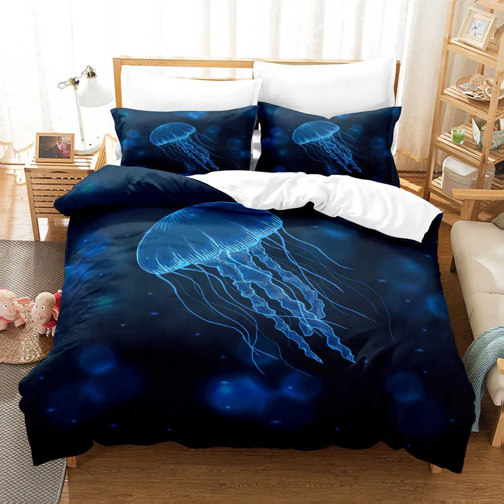 Ocean World Bettwäsche-Set, Einzelbett, Doppelbett, Queen-Size-Bett, Meeresschildkröte, Bett für Erwachsene, Kinderzimmer, Bettbezug, 3D-Anime, 030