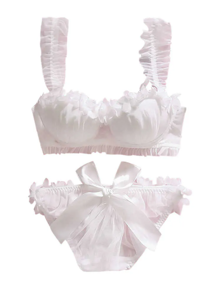 Kawaii Japanese Flower Bridal Lingerie Set Back With White Petals Lace