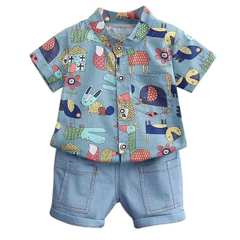 Sommar barnkläder kostym för pojkar sätter barn kort ärm djur t-shirt + kort byxor tvådelat baby set23 210326