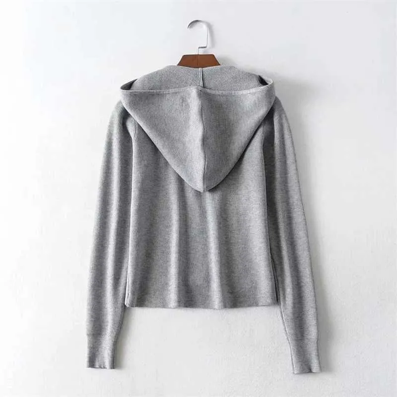 Spring Women Sexy Ribbed Kint Zip Up Hooded Cardigan Zippers Knitting Sweater Tops T Tjej Kvinna EJXX 210603